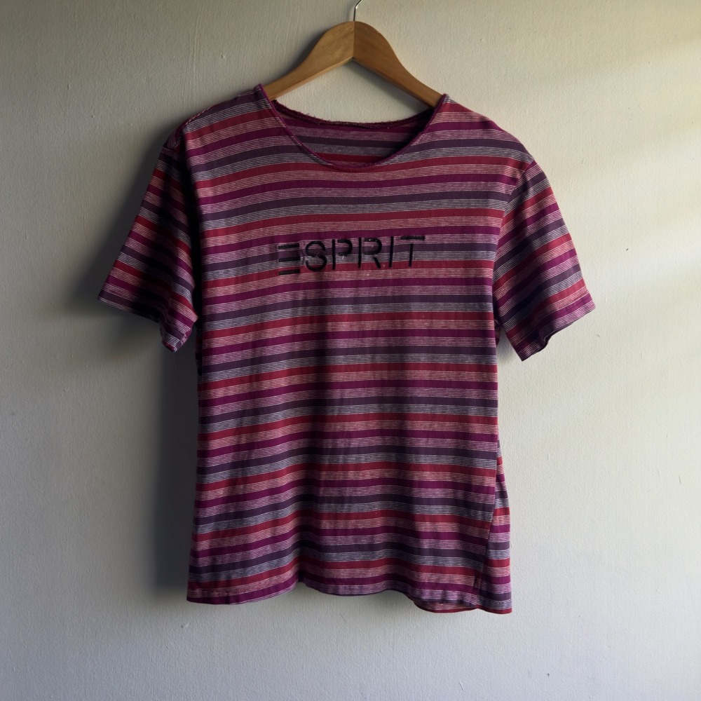 90's Esprit Striped Logo Embroidered T-Shirt Women Large Red Casual Tee